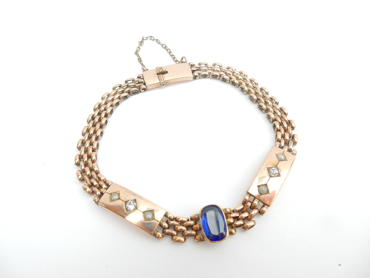 Antique Rolled Gold Sapphire & Diamond Paste Seed Pearl Bracelet