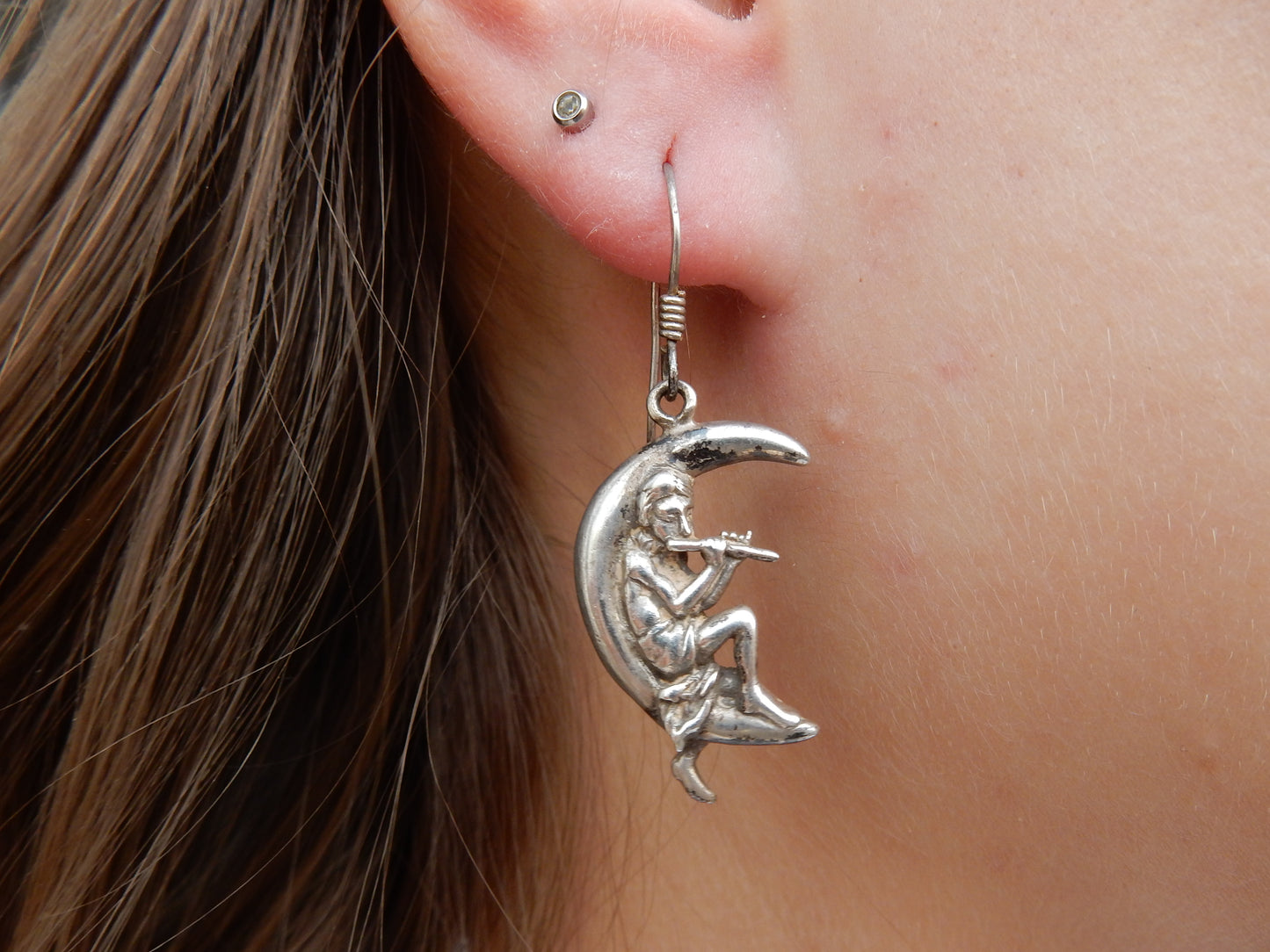 Vintage Sterling Silver Filigree Moon & Stars Celestial Earrings