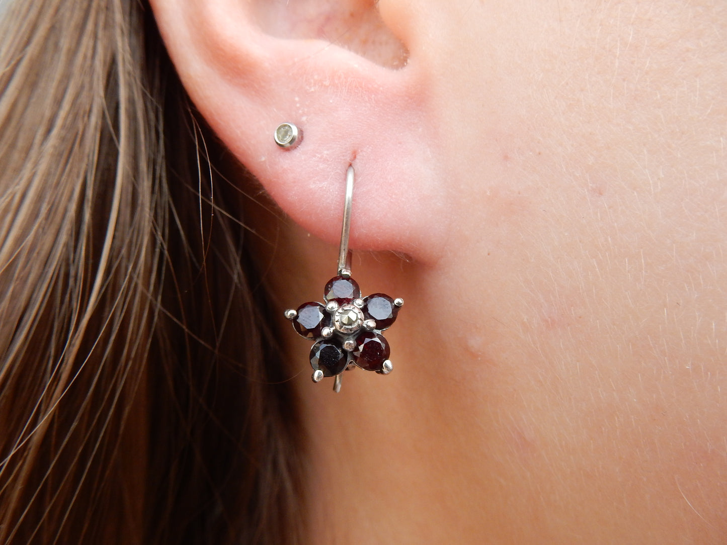 Sterling Silver Garnet Flower Earrings January Birthstone