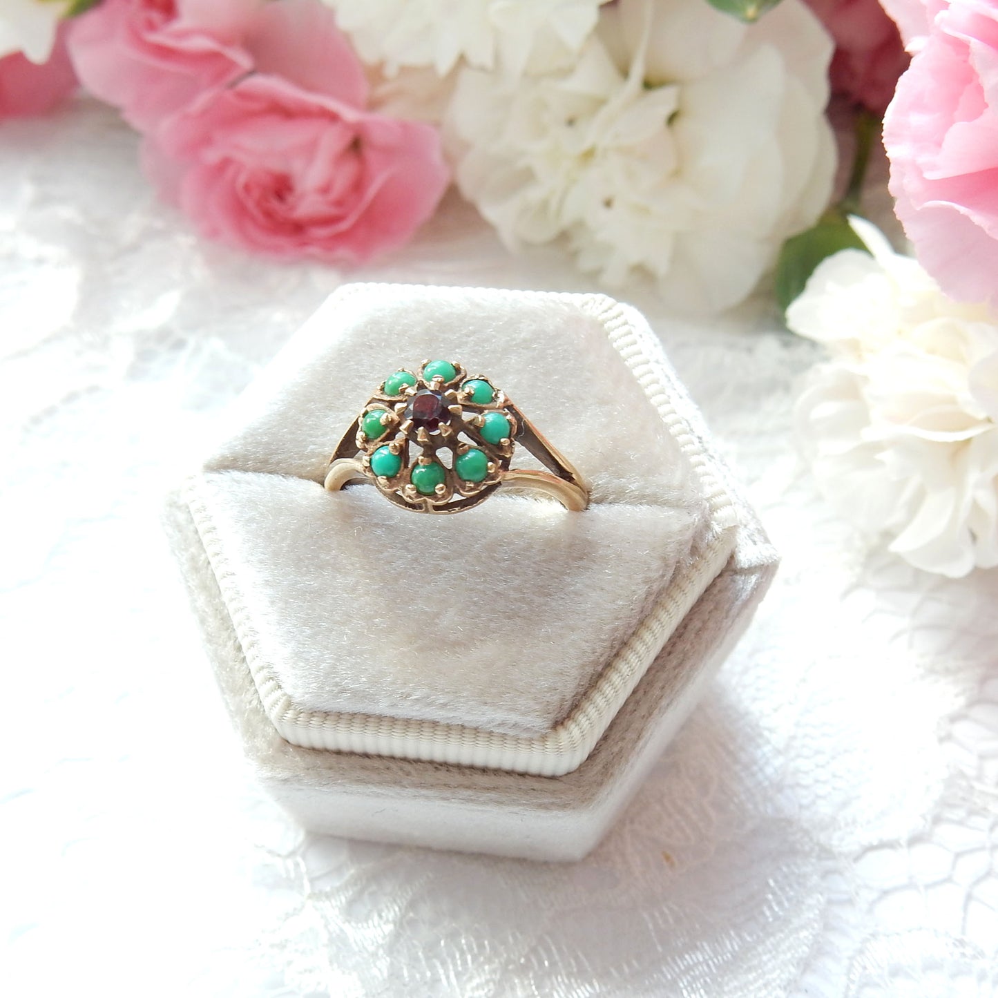 RESERVED For Juliette Antique 9ct Gold Turquoise & Garnet Ring US Size 6.5 UK O