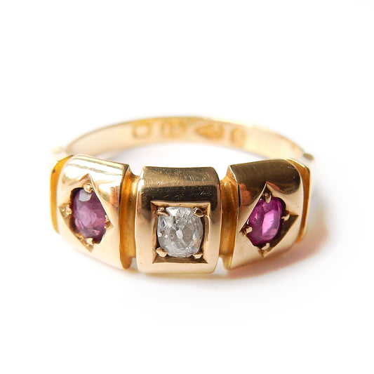 Victorian 18ct Gold Diamond & Ruby Ring US Size 4.5 UK K