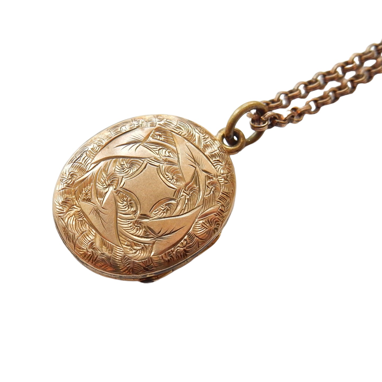 Antique Rolled Gold Engraved Ivy Leaf Locket with Antique Chain