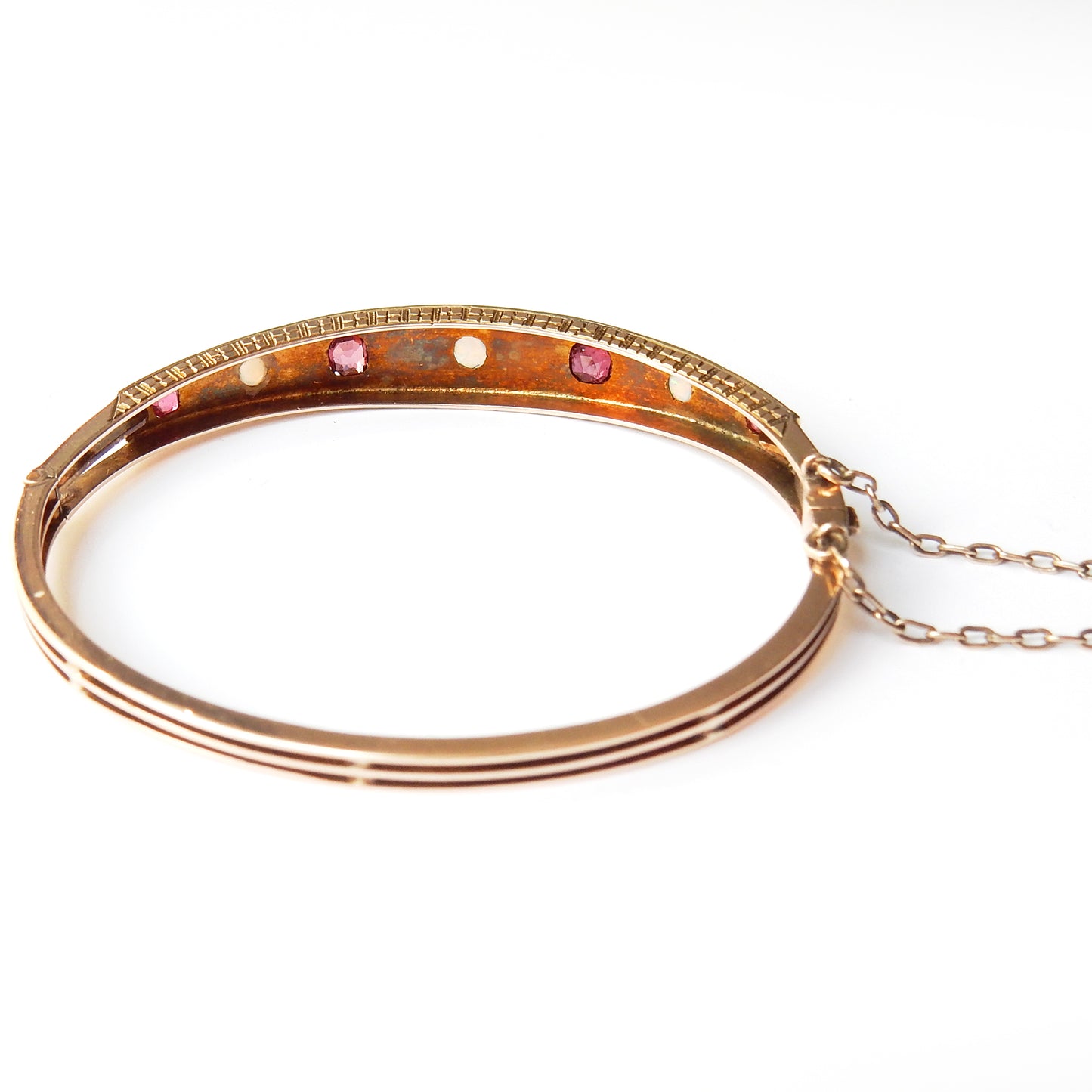 Victorian 9ct Gold Opal & Ruby Starburst Bangle Bracelet 5 3/4" (10.7grams)
