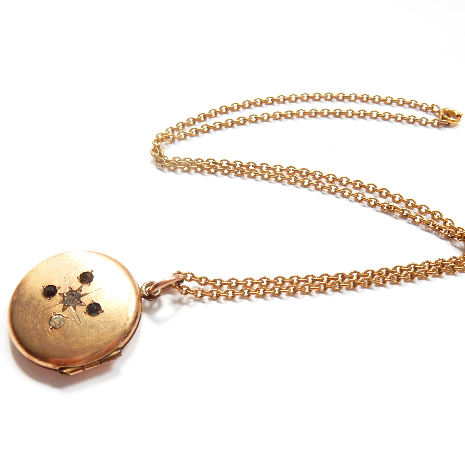 Antique Gold Filled Diamond Paste Starburst Locket Necklace