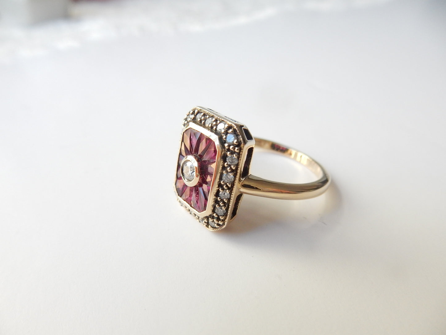 9ct Gold Art Deco Style Diamond & Ruby Ring US Size 6.5 UK N 1/2