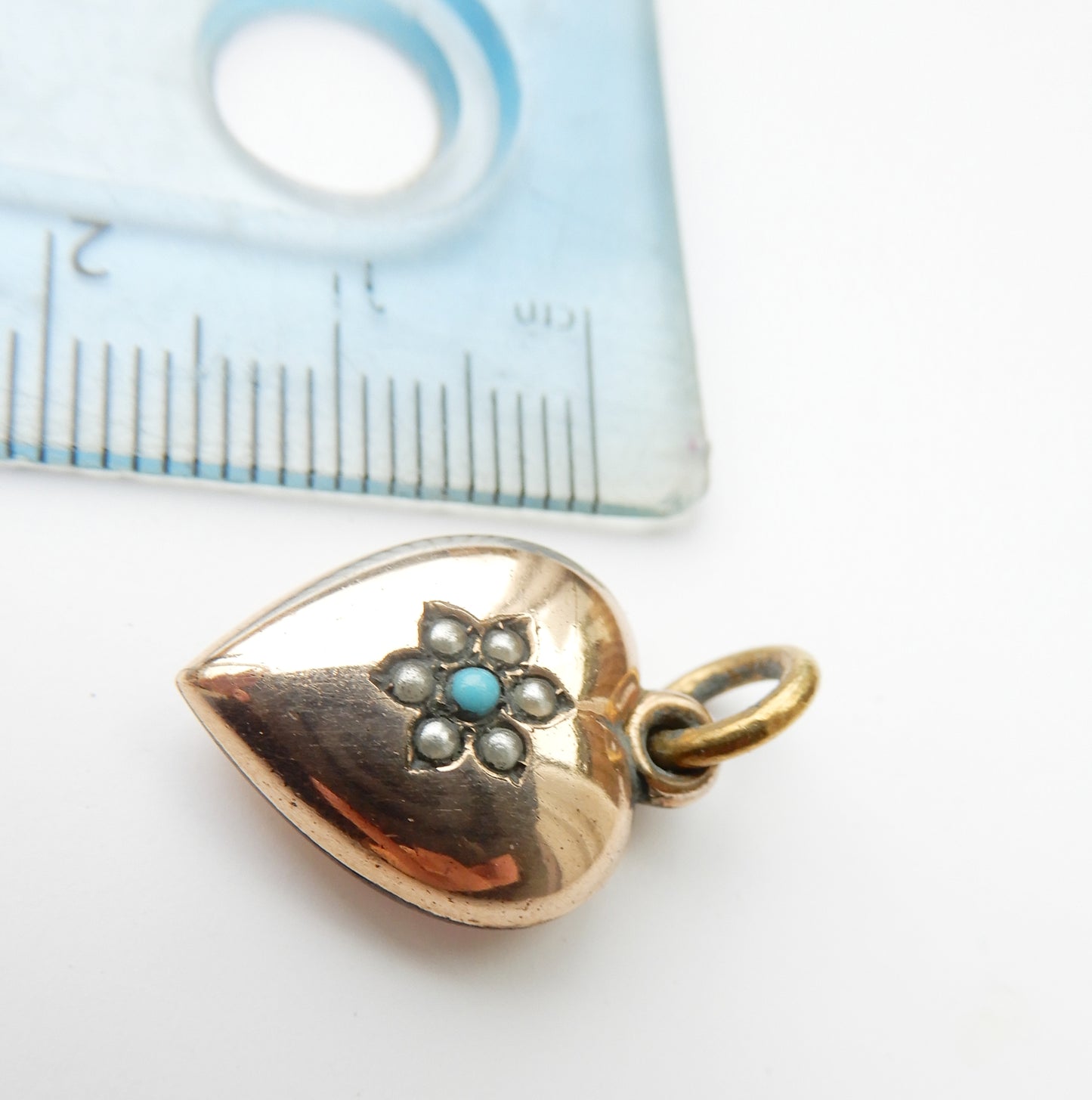 Antique Rolled Gold Turquoise & Seed Pearl Puffy Heart Charm