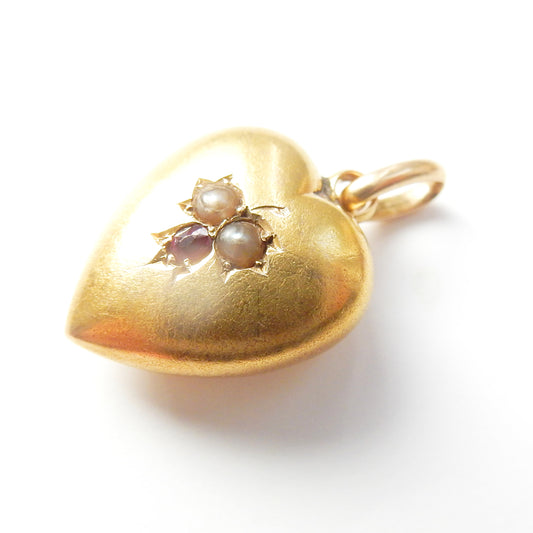 Victorian 15ct Gold Seed Pearl & Garnet Puffy Heart Charm