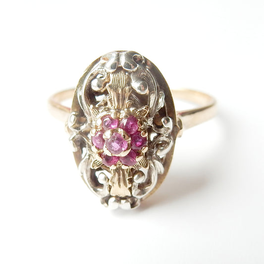 Unusual Antique 9ct White Gold Filigree Ruby Ring US Size 8 3/4 UK S