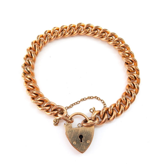 Antique Rolled Gold Curb Bracelet Gold Padlock Heart