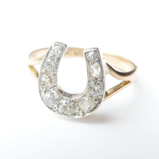 Antique 18ct Gold Old Cut Diamond Horseshoe Ring US Size 7 UK P