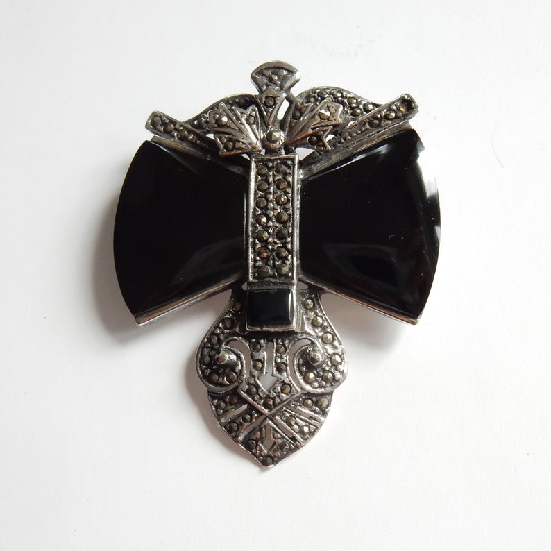 Vintage Art Deco Marcasite Onyx Brooch Sterling Silver Fine Jewelery