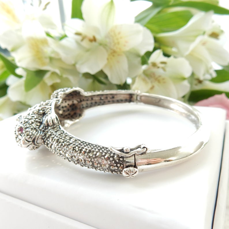 Marcasite Wild Cat Panthere Bracelet Bangle Cuff Solid Silver Ruby Fine Jewelery