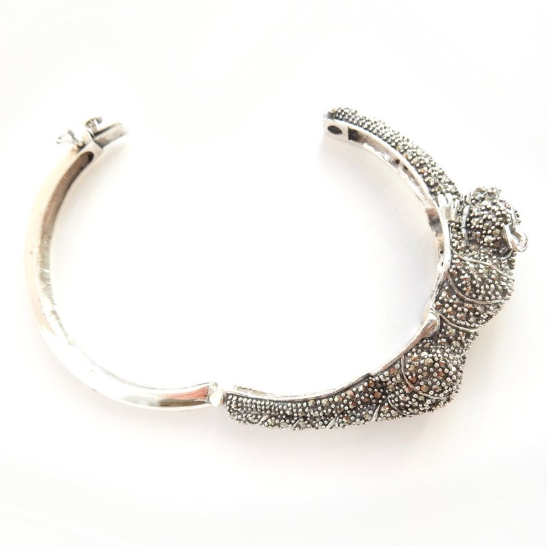 Marcasite Wild Cat Panthere Bracelet Bangle Cuff Solid Silver Ruby Fine Jewelery