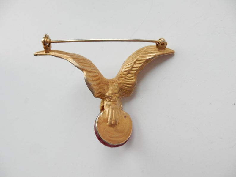 Vintage Retro Eagle Globe Sphere Talon Brooch Glass Cabochon
