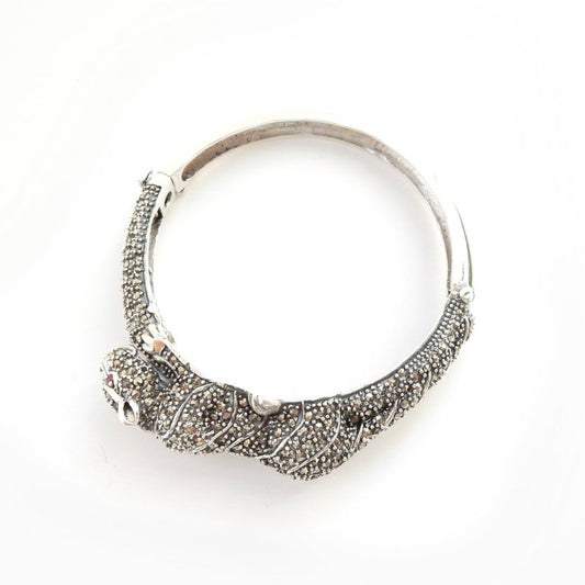 Marcasite Wild Cat Panthere Bracelet Bangle Cuff Solid Silver Ruby Fine Jewelery
