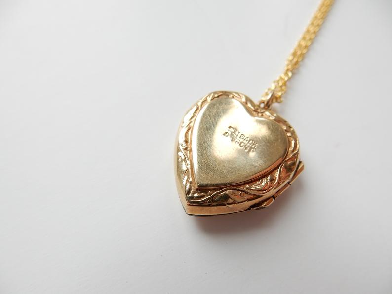 Vintage 9k Gold Back Front Heart Locket Art Deco Sunburst Necklace Pendant
