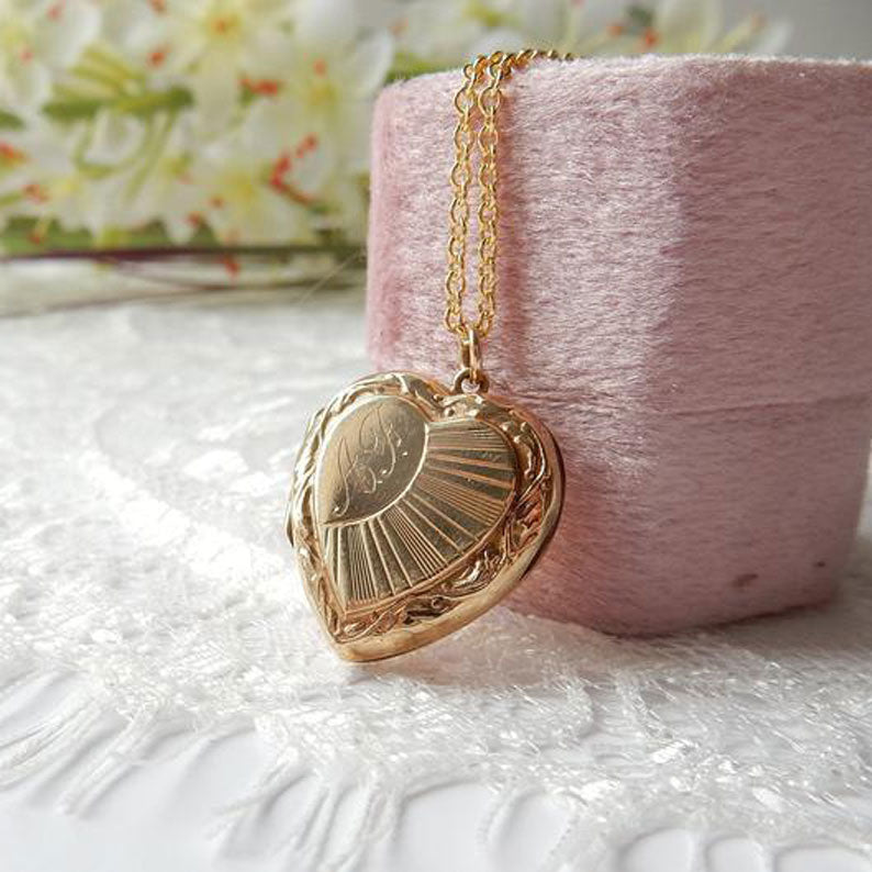 Vintage 9k Gold Back Front Heart Locket Art Deco Sunburst Necklace Pendant