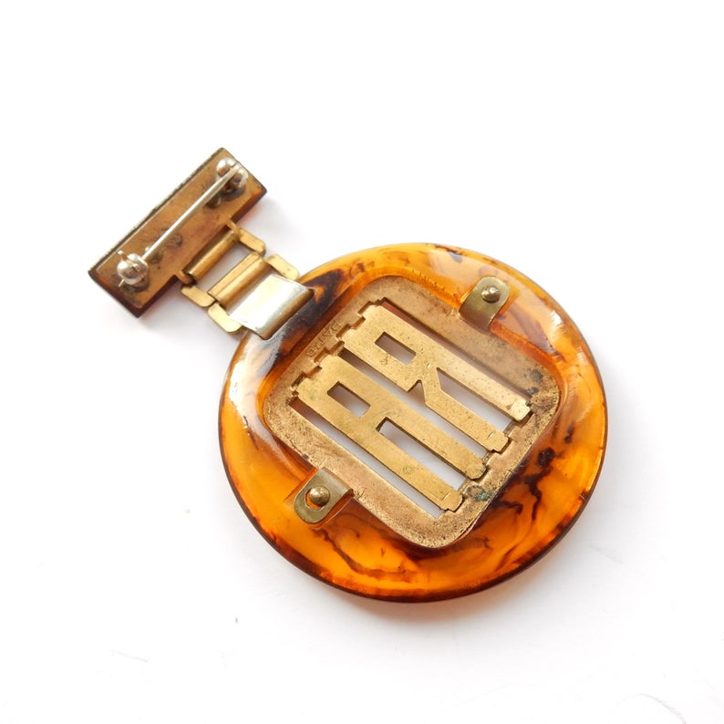 Antique Early Plastic Royal Acadamy "RA" Medallion Brooch Pin
