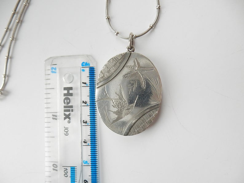 Antique Victorian Silver Locket Necklace Aesthetic Period Engraved Swallow Locket
