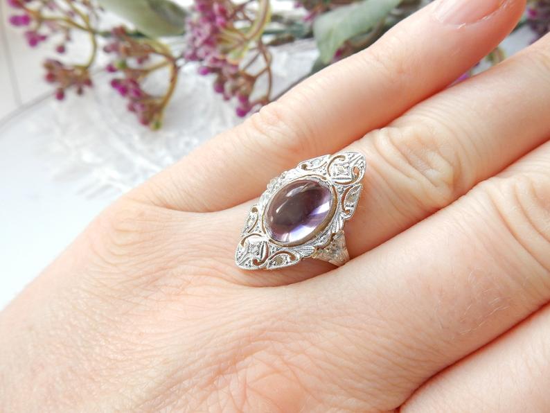 Victorian 18ct Gold Diamond Amethyst Cabochon Navette Ring US Size 7 UK P