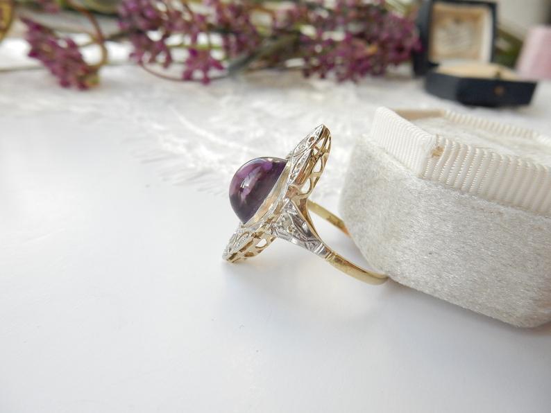 Victorian 18ct Gold Diamond Amethyst Cabochon Navette Ring US Size 7 UK P