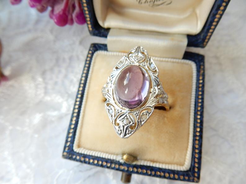 Victorian 18ct Gold Diamond Amethyst Cabochon Navette Ring US Size 7 UK P