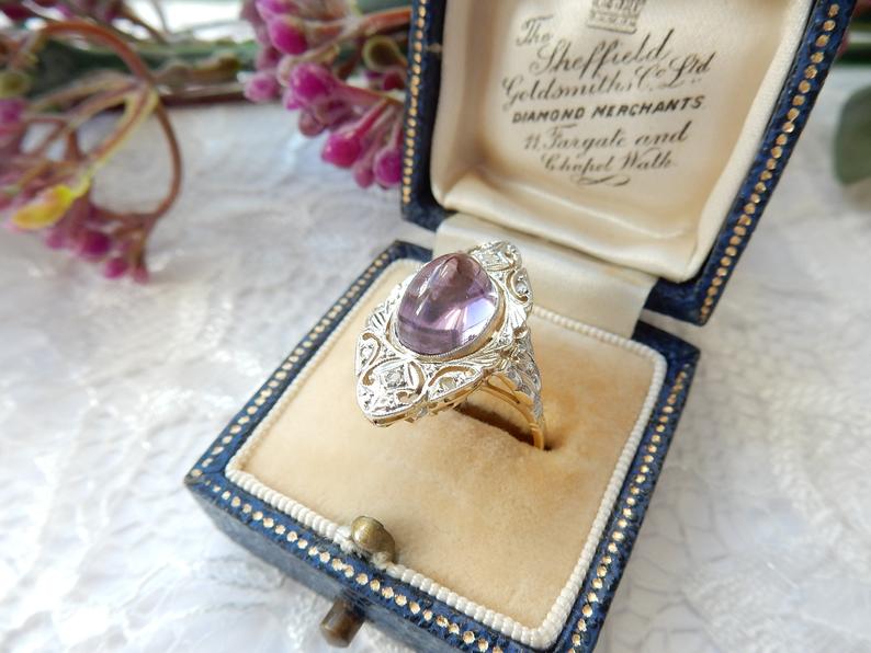 Victorian 18ct Gold Diamond Amethyst Cabochon Navette Ring US Size 7 UK P