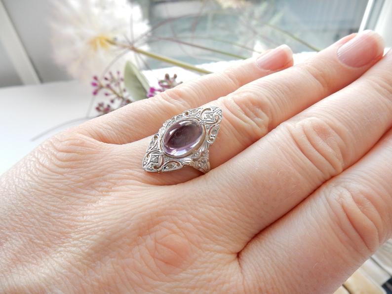 Victorian 18ct Gold Diamond Amethyst Cabochon Navette Ring US Size 7 UK P