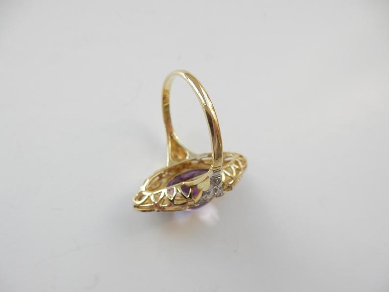 Victorian 18ct Gold Diamond Amethyst Cabochon Navette Ring US Size 7 UK P