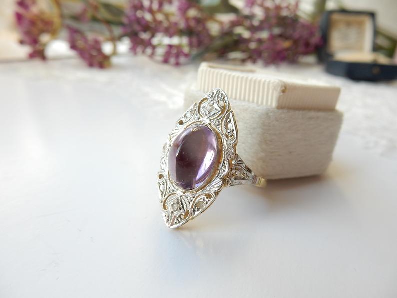 Victorian 18ct Gold Diamond Amethyst Cabochon Navette Ring US Size 7 UK P