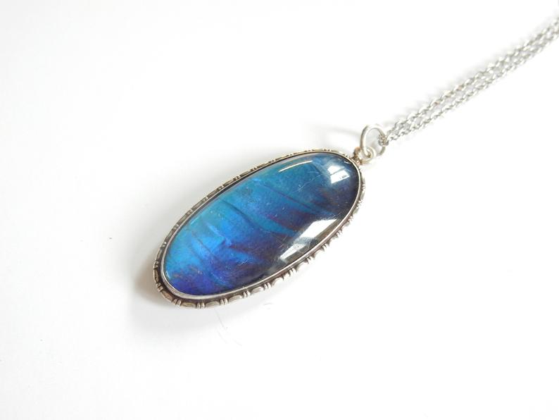 Antique Art Deco Morpho Butterfly Wing Pendant Necklace Sterling Silver