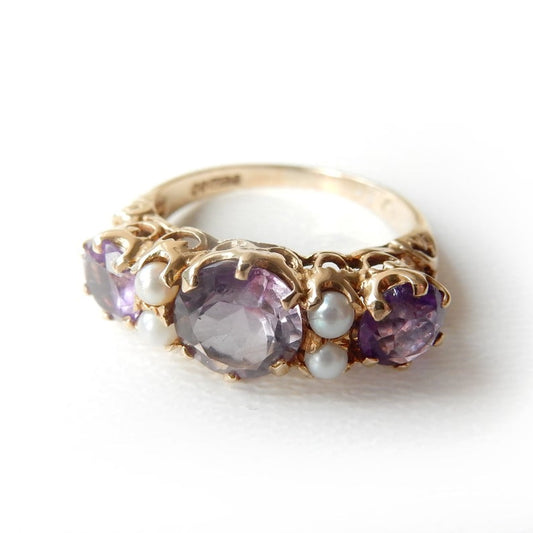 Antique 9k Gold Amethyst Seed Pearl Trilogy Ring Size 6 1/4 February Birthstone