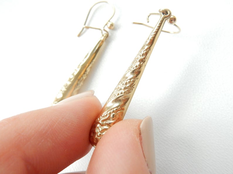 Victorian 9k Gold Torpedo Earrings Long Gold Drop Antique Gold Jewelery