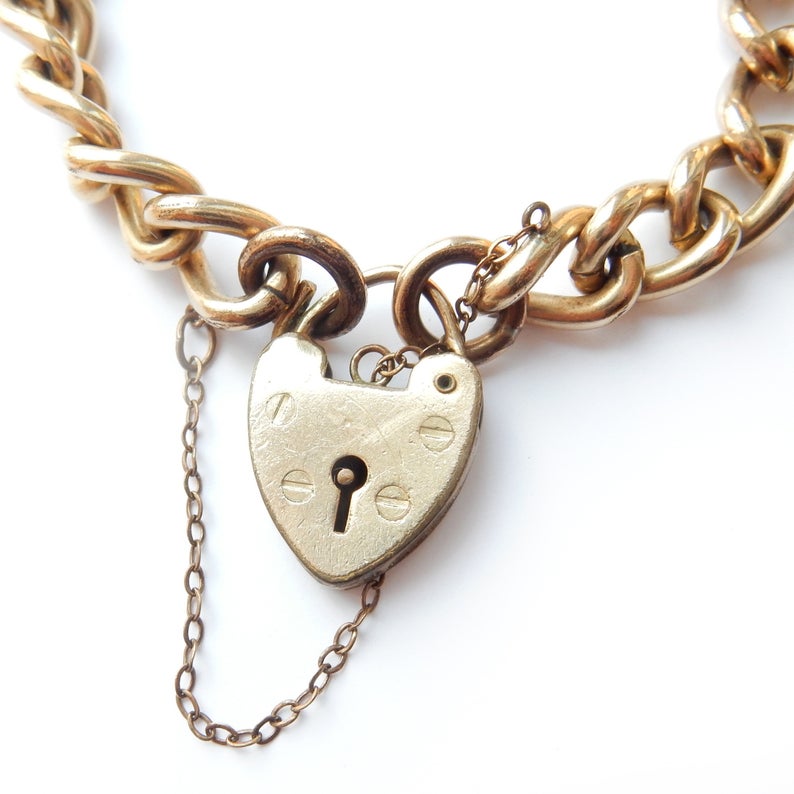 Vintage Antique Rolled Gold Curb Bracelet Gold Padlock Heart