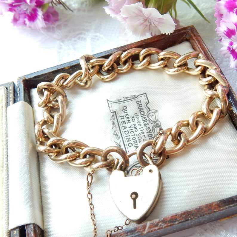 Vintage Antique Rolled Gold Curb Bracelet Gold Padlock Heart