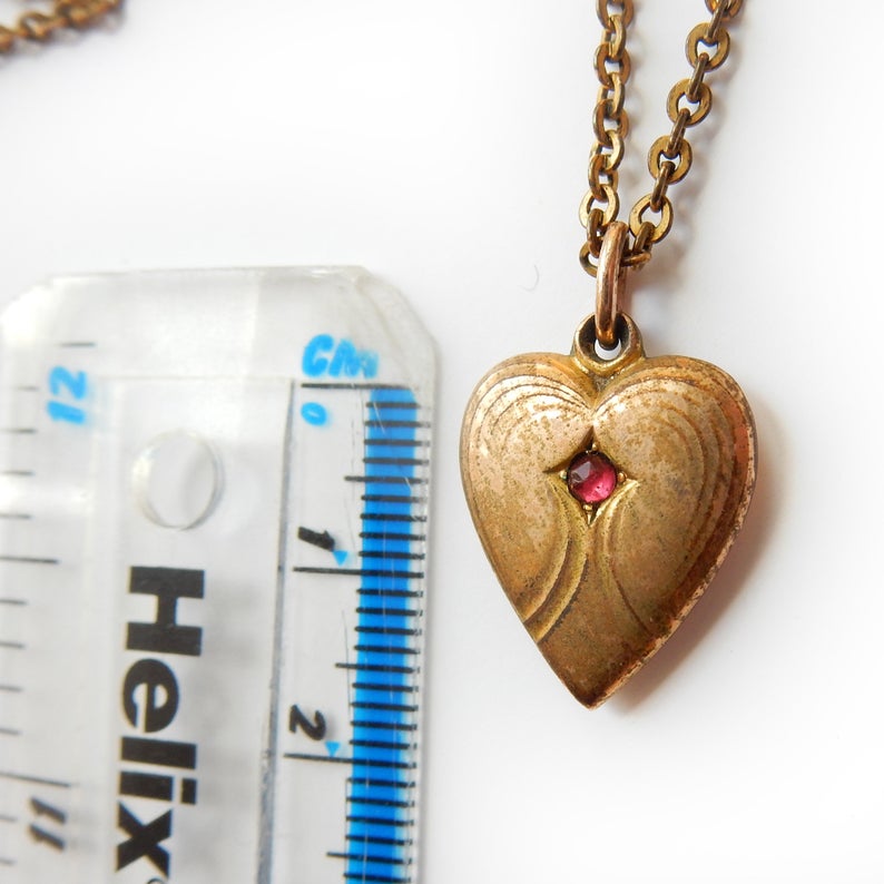 Sweet Vintage Gold Plated Ruby Paste Heart Charm & Barrel Clasp Vintage Chain