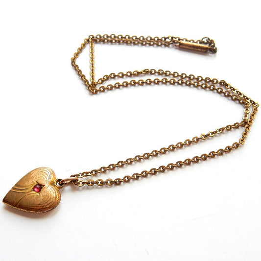 Sweet Vintage Gold Plated Ruby Paste Heart Charm & Barrel Clasp Vintage Chain