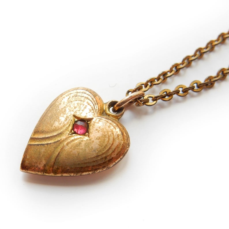 Sweet Vintage Gold Plated Ruby Paste Heart Charm & Barrel Clasp Vintage Chain