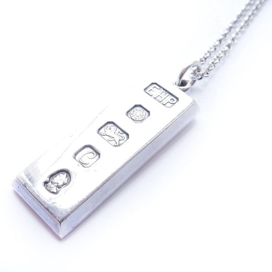 Large Vintage HMS Sterling Silver Ingot Pendant & 18" Chain Sheffield 1977 34grams