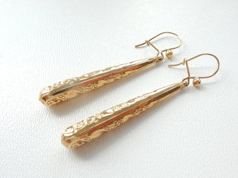 Victorian 9k Gold Torpedo Earrings Long Gold Drop Antique Gold Jewelery