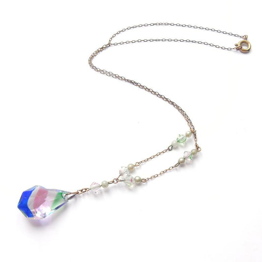 Antique Art Deco Iris Rainbow Glass Lavalier Bead Necklace