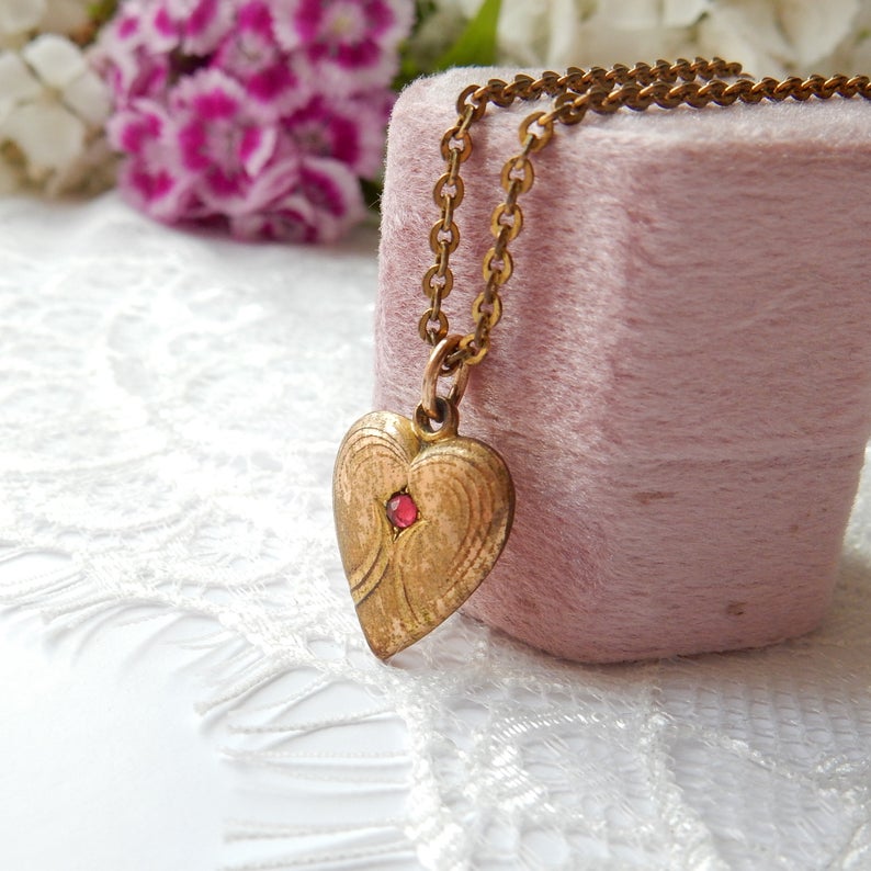 Sweet Vintage Gold Plated Ruby Paste Heart Charm & Barrel Clasp Vintage Chain