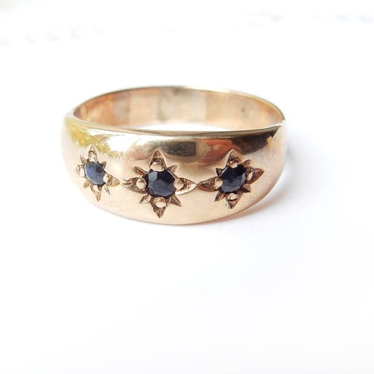 Antique 9 Carat Gold Sapphire Ring Celestial Gold Band Size 10