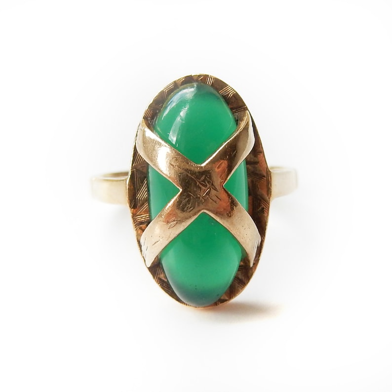 Antique Art Deco 9ct Gold Green Chrysoprase Gold Ring US Size 5.5