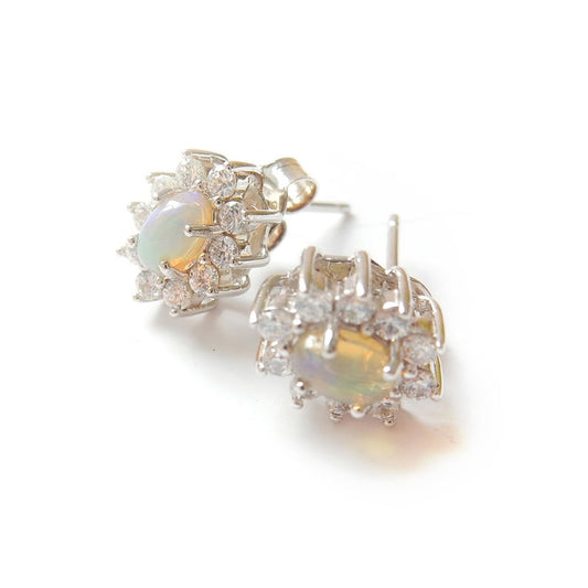 Vintage Sterling Silver Jelly Opal CZ Stud Earrings October Birthstone