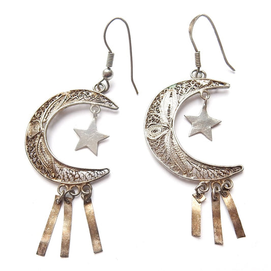 Vintage Sterling Silver Filigree Moon & Stars Celestial Earrings