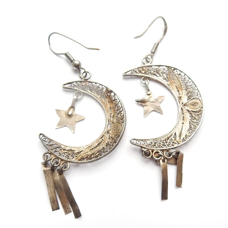 Vintage Sterling Silver Filigree Moon & Stars Celestial Earrings