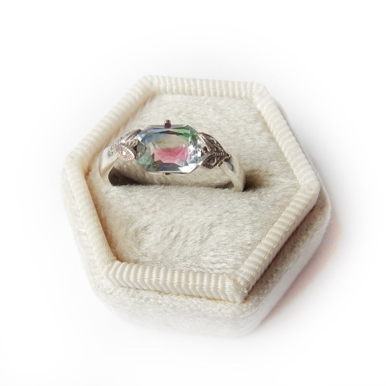 1920s Art Deco Iris Rainbow Glass Ring Sterling Silver Marcasite Brooch Conversion US Size 6
