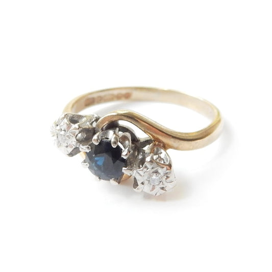 Vintage 9 Carat Gold Sapphire & Diamond Toi et Moi Ring US Size 5