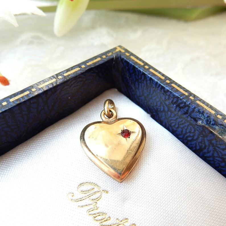 Vintage Rolled Gold Ruby Paste Heart Charm